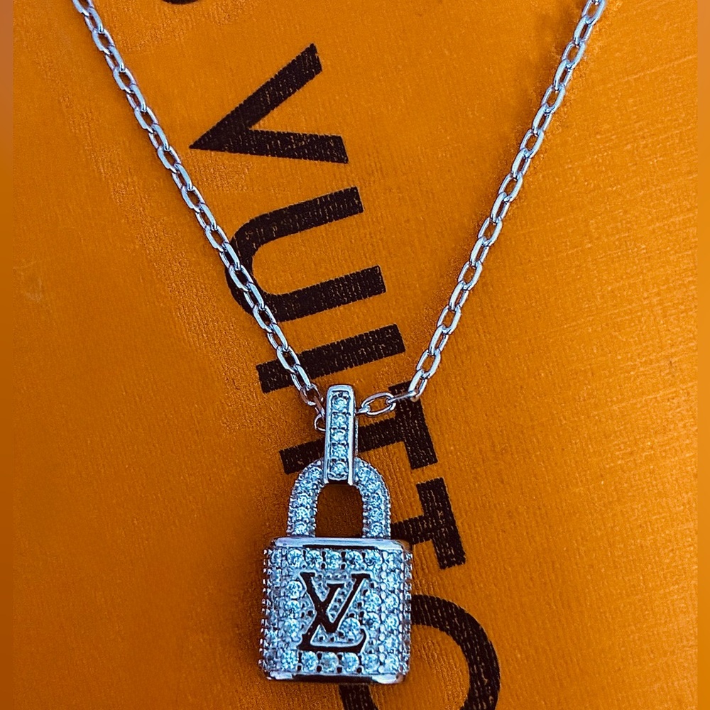Gorgeous Silver-Pave LV Padlock Pendant Necklace